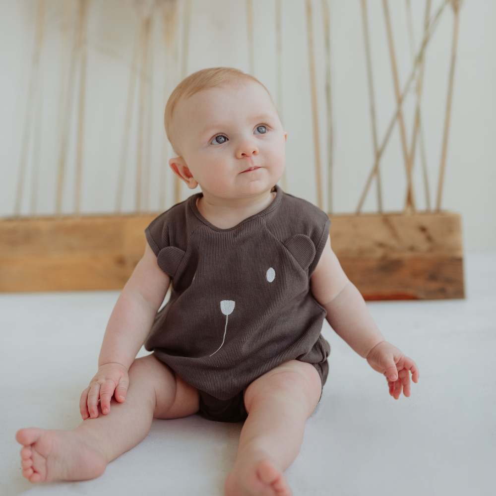 Turtledove London Charcoal Bear Character Rib Bubble Romper