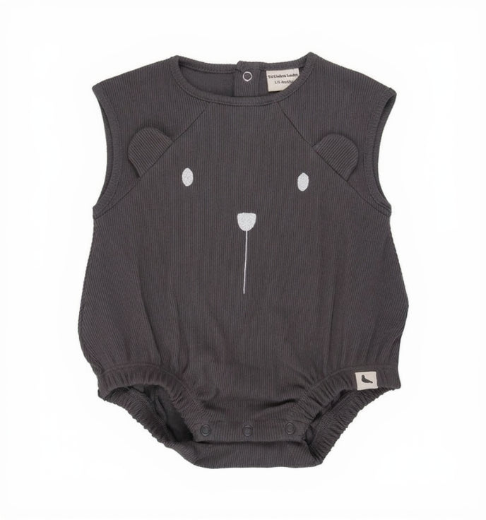 Turtledove London Charcoal Bear Character Rib Bubble Romper